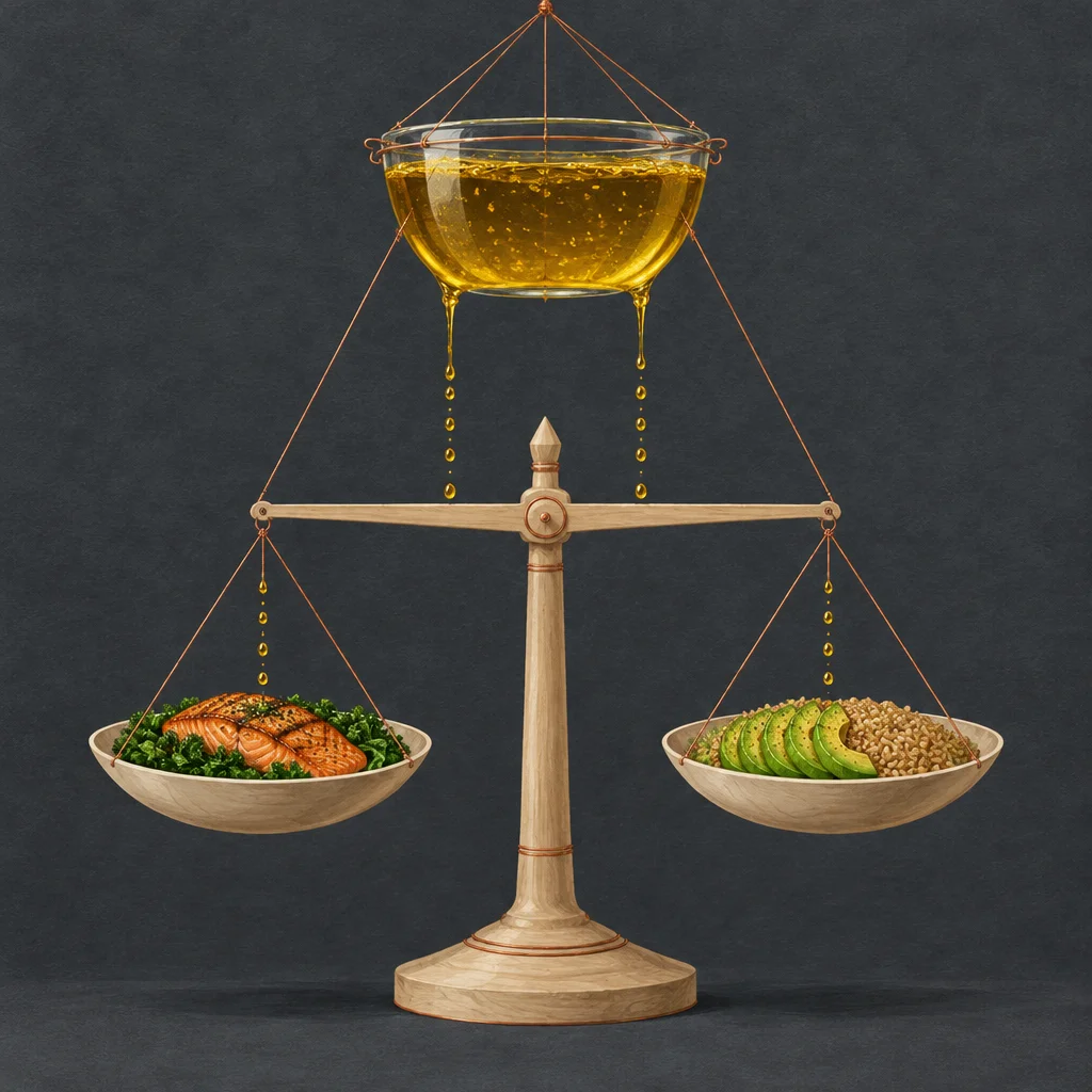 A wooden balance scale holds a bowl of grilled salmon over dark leafy greens on the left pan and sliced avocado over whole grains on the right pan, while a large glass bowl overflowing with golden oil drips down onto both sides from above via copper chains.