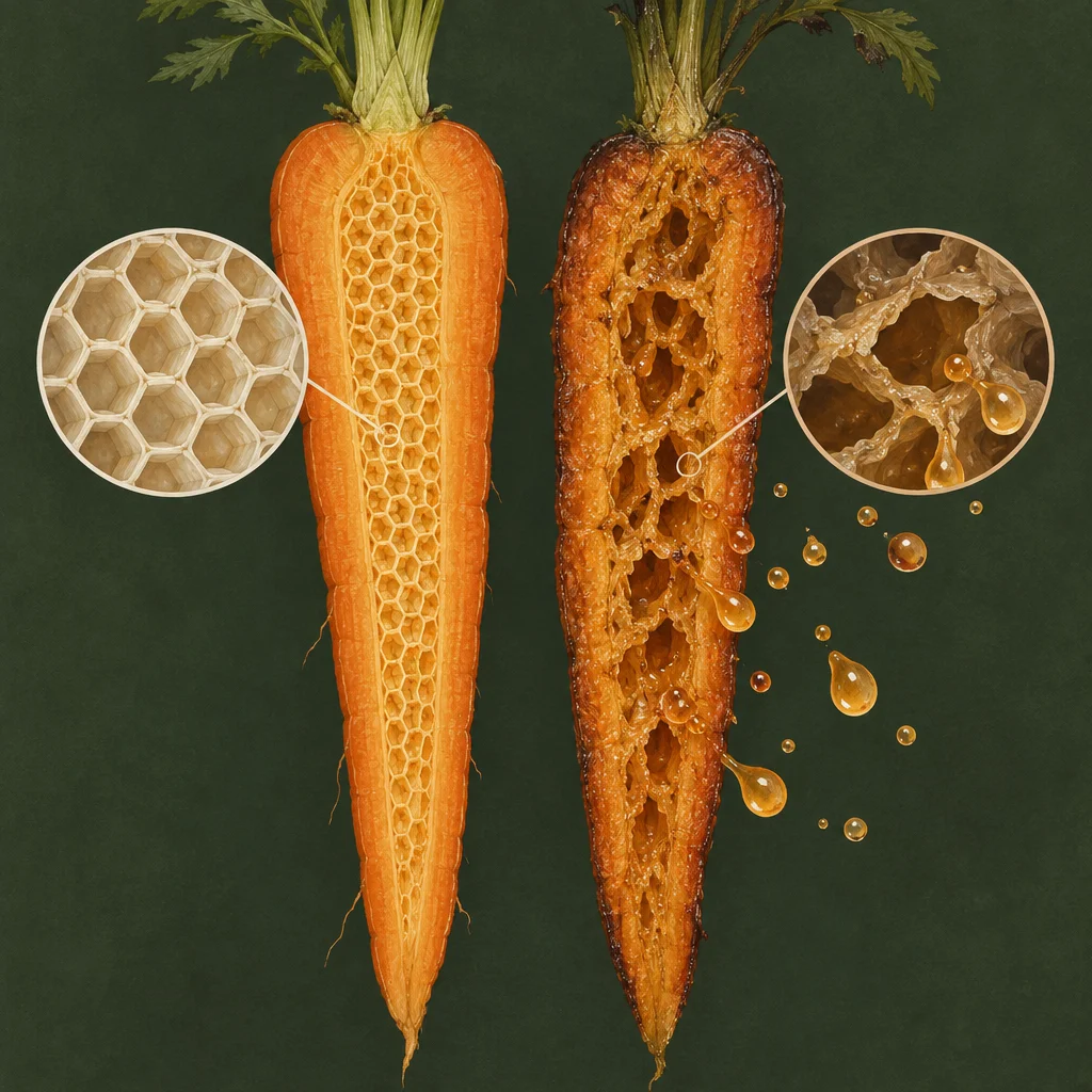 Two carrots sliced lengthwise and displayed side by side against a dark green background, the left one bright orange with a tight honeycomb interior shown in a circular magnified inset, and the right one darkened and caramelized with a broken open-lattice interior dripping amber liquid droplets shown in a second circular inset.