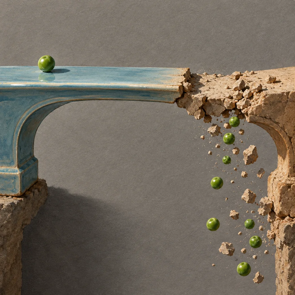 A ceramic arch bridge rendered in glossy turquoise glaze on the left supports a single green pea rolling toward the right side, where the structure disintegrates into crumbling sandy stone rubble and loose chunks, releasing a cascade of green peas falling downward against a gray background.