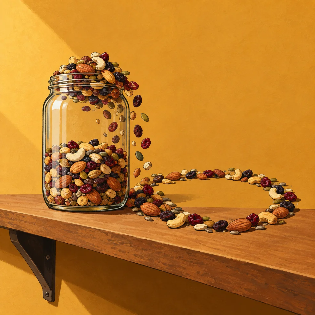A glass mason jar overfilled with trail mix including almonds, cashews, cranberries, and pumpkin seeds sits on a wooden shelf, with pieces spilling over the rim and forming a curved trail along the shelf surface that loops back toward the jar.