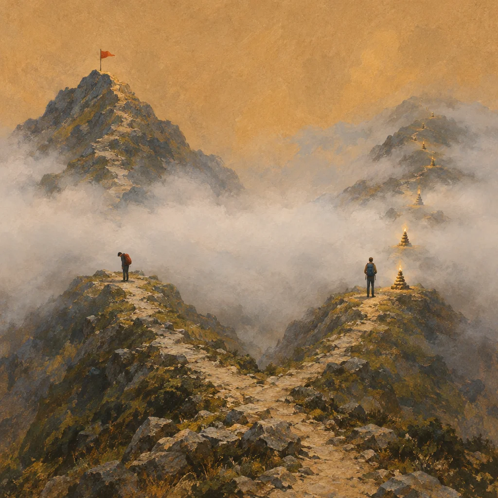 A painterly mountain landscape with two hikers on diverging ridgelines shrouded in mist, one bent over with a red pack on a lower rocky path leading toward a distant peak with a red flag, and the other standing upright on a parallel ridge facing a series of glowing stone cairns ascending into the clouds.