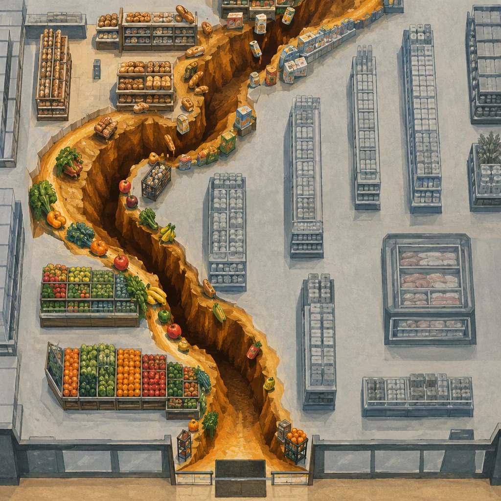 An overhead isometric illustration of a supermarket interior where a deep winding earthen canyon crack cuts a serpentine path across the floor, passing through produce displays loaded with fruits and vegetables, bread racks, packaged goods shelves, and refrigerated cases, with food items scattered along the canyon's eroded edges.