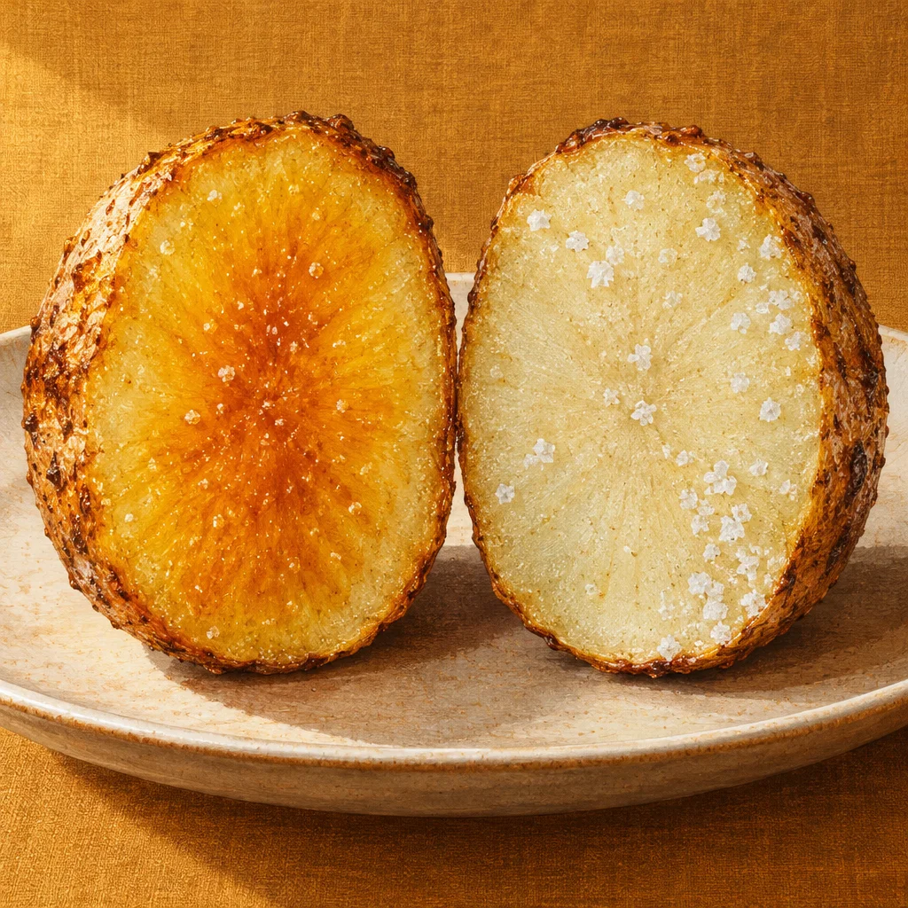 Two oval halves of a roasted potato rest cut-side up on a ceramic plate against a golden background, the left half deeply bronzed and amber with a few salt crystals visible, and the right half pale yellow-green with larger white flaky salt crystals scattered across its surface.