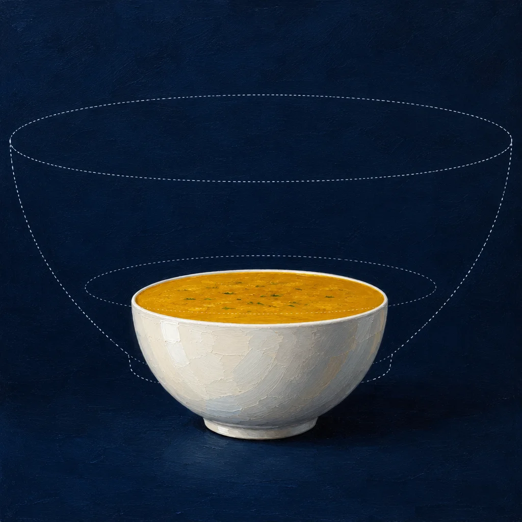 A small white ceramic bowl filled with golden orange soup sits on a dark navy surface, surrounded by a large dashed white outline in the shape of a much bigger bowl drawn against the dark background above and around it.