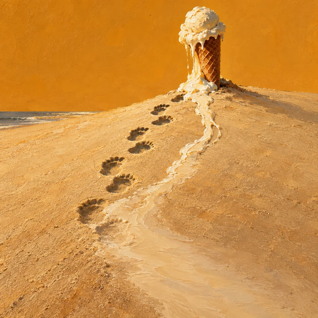 A melting vanilla ice cream cone sits upright at the top of a sandy dune against a warm amber wall, with a trail of dripping white cream flowing downhill alongside a set of barefoot footprints that lead up toward it from the lower foreground, and a narrow strip of ocean visible at the far left edge.