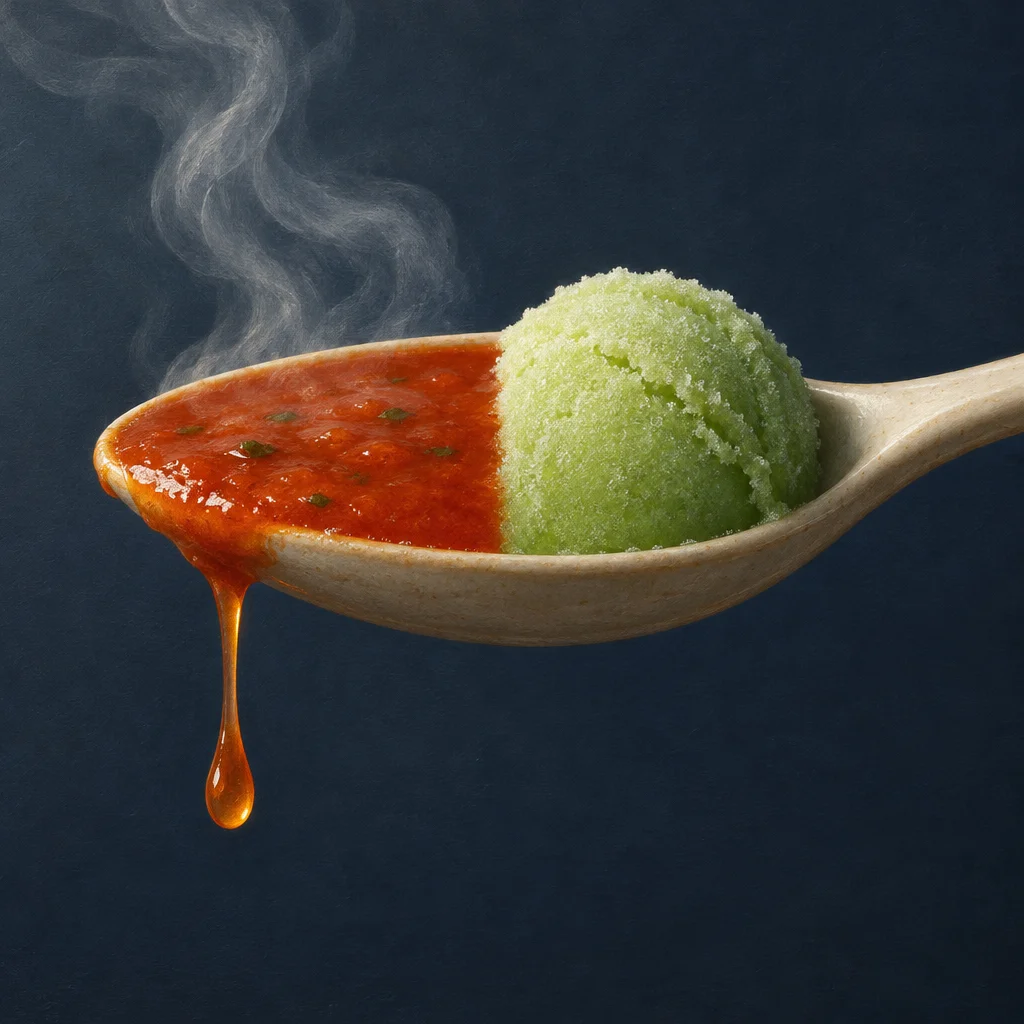 A ceramic serving spoon held horizontally against a dark navy background contains hot red tomato sauce dripping off the left tip with visible steam rising above it, and a compact scoop of pale green sorbet resting on the right half of the bowl.