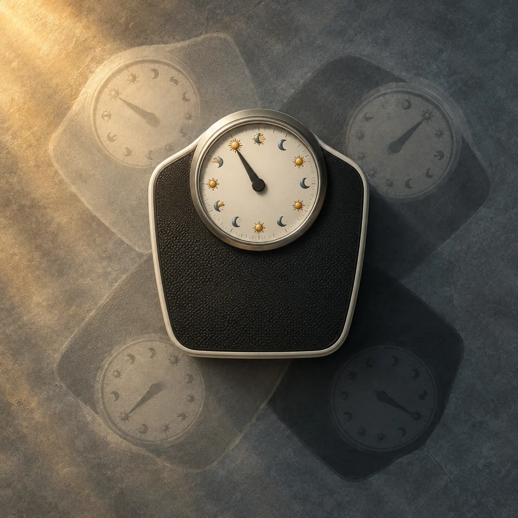 A top-down view of a classic analog bathroom scale with a silver-rimmed dial face bearing alternating gold sun and blue crescent moon symbols in place of numerals, surrounded by four semi-transparent ghost impressions of the same scale at varying needle positions against a gray stone surface with warm light from the upper left.