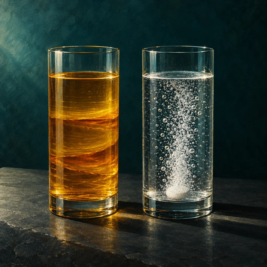 Two tall cylindrical glasses sit side by side on a dark stone surface against a teal background, the left filled with a swirling golden amber liquid and the right filled with clear water containing a dissolving white tablet releasing a dense plume of rising bubbles.