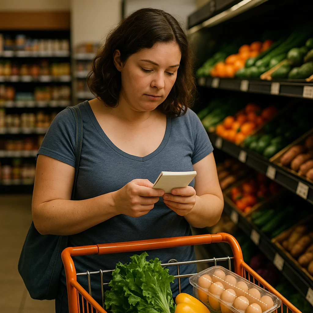 A dark-haired woman in a blue t-shirt stands in a produce aisle holding a small notepad or card, with an orange shopping cart containing lettuce, a yellow pepper, and a carton of eggs in the foreground and colorful produce shelves behind her.