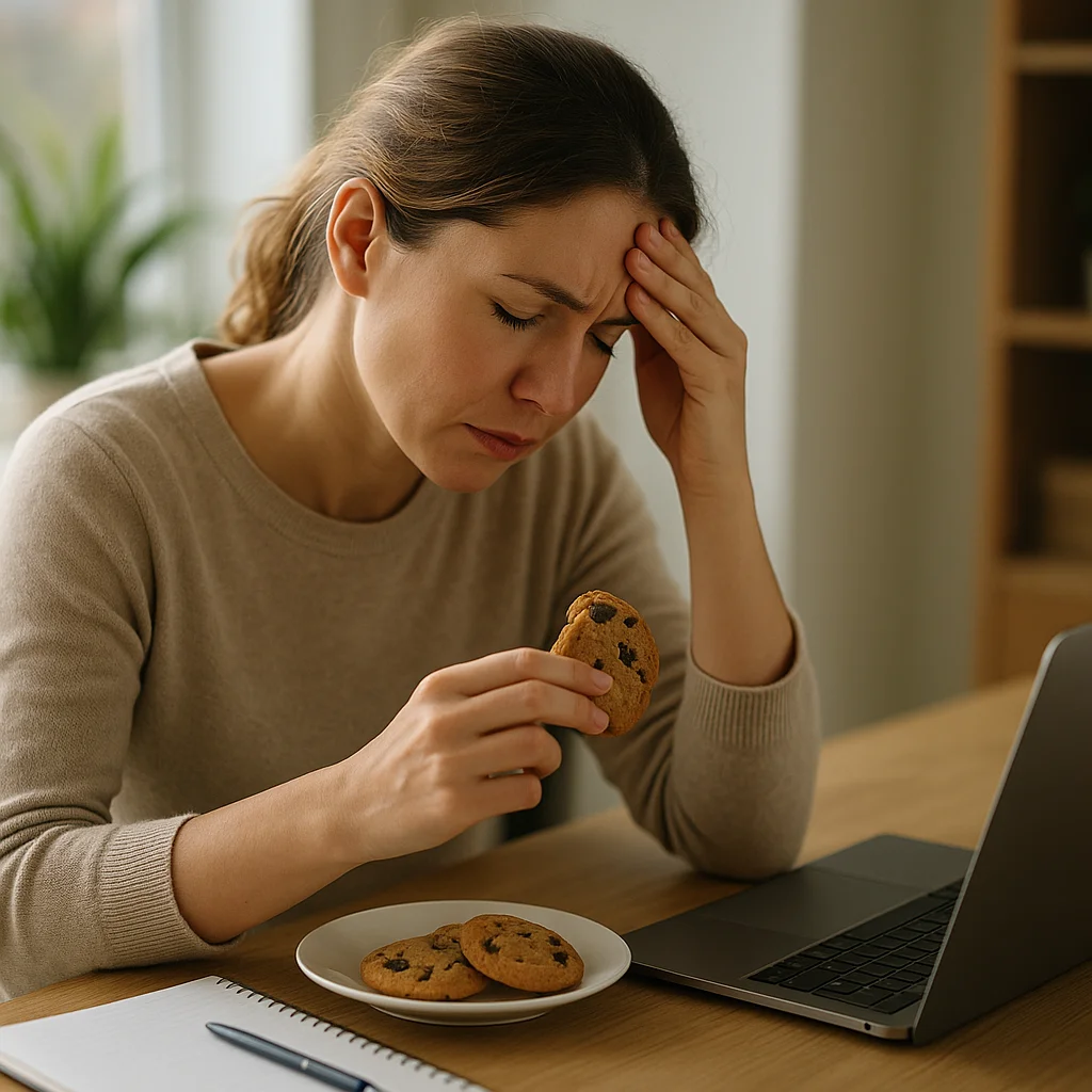 A stressed woman with her hand pressed to her forehead sits at a wooden desk with a laptop, holding a chocolate chip cookie over a plate of cookies beside a notebook and pen.