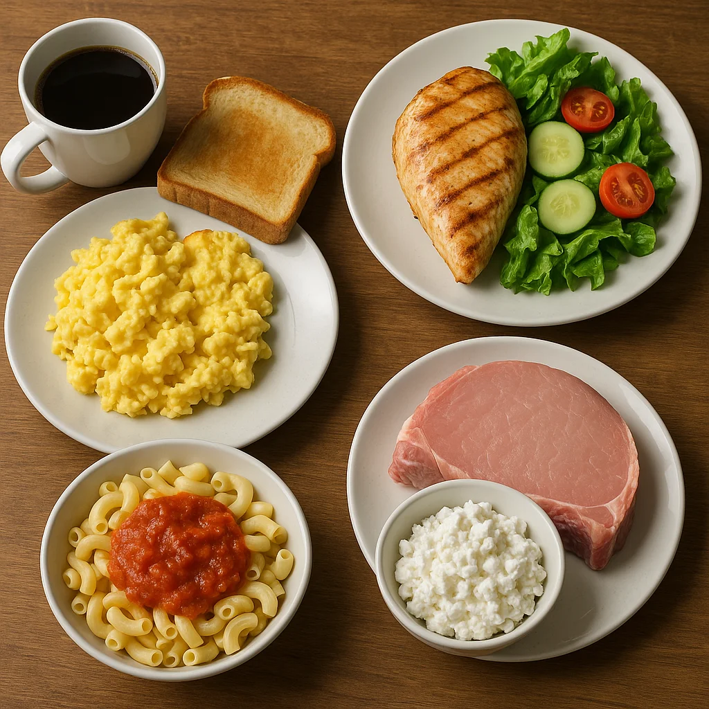 Five white plates and bowls on a wooden table displaying scrambled eggs with toast, grilled chicken breast with a green salad, macaroni with tomato sauce, a raw pork chop with a small bowl of cottage cheese, and a black coffee.