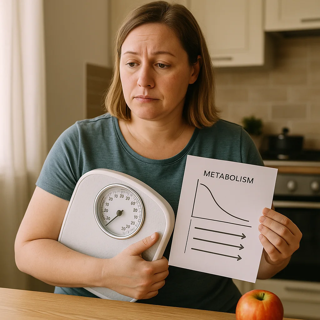 A woman with a worried expression holds a bathroom scale under one arm and a paper labeled 'METABOLISM' showing a downward-curving graph and declining arrows, standing at a kitchen counter with an apple nearby.