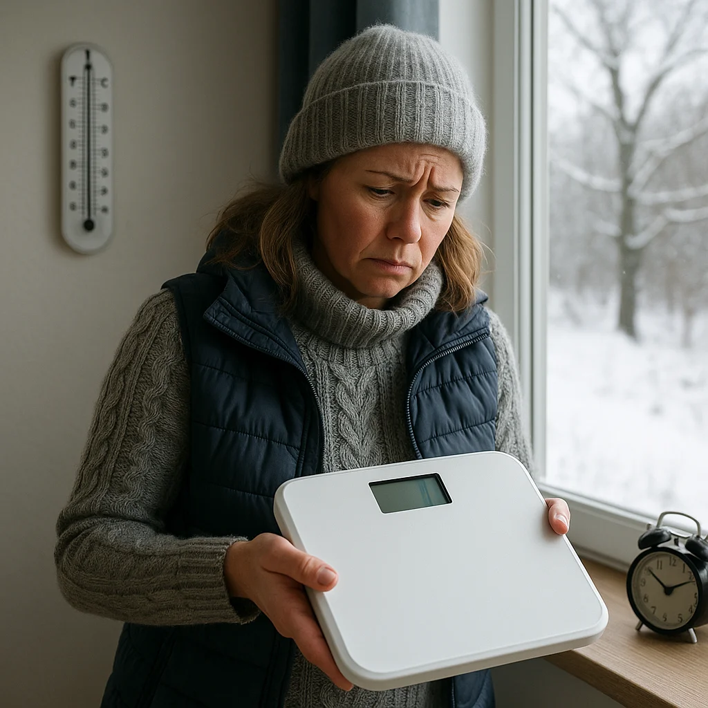 A middle-aged woman in winter layers—knit hat, cable sweater, and puffer vest—frowns while holding a white digital bathroom scale, standing near a frost-framed window overlooking a snow-covered landscape, with a wall thermometer and alarm clock visible in the background.