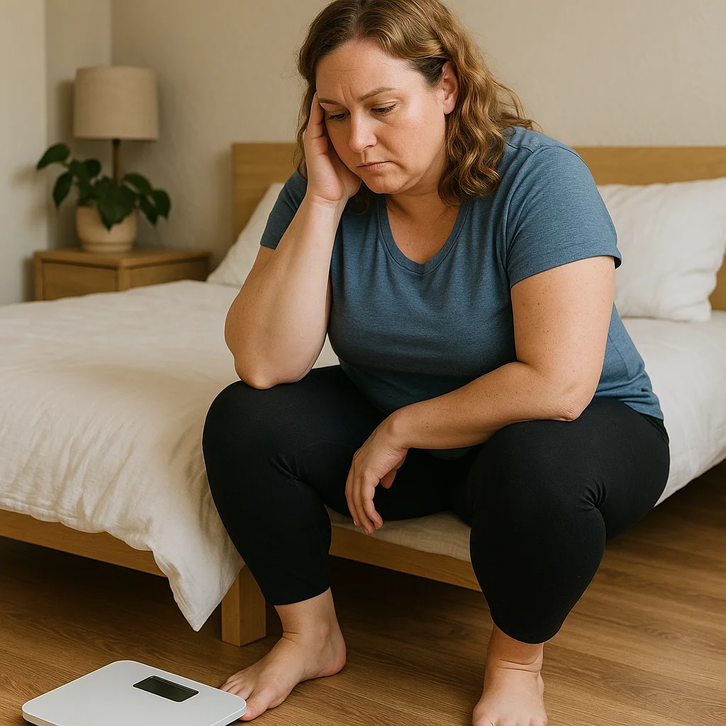 A middle-aged woman in a blue t-shirt and black leggings sits on the edge of a wooden bed frame, resting her head on her hand and looking down at a white digital bathroom scale on the hardwood floor.