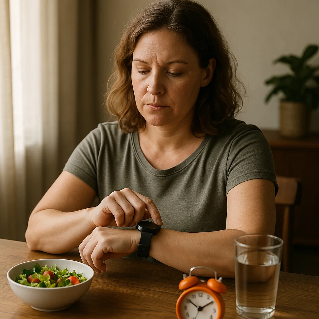 A middle-aged woman in a gray t-shirt sits at a wooden table checking a smartwatch on her wrist, with a bowl of green salad with cherry tomatoes, a glass of water, and a small orange alarm clock in the foreground.
